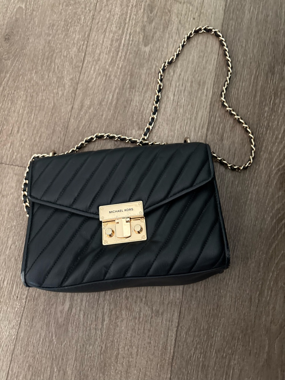Michael Kors Black Quilted Crossbody with Gold Chain